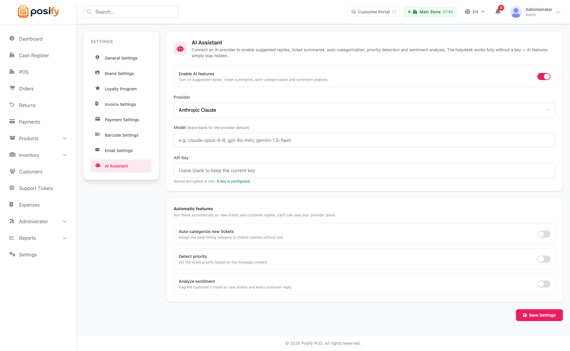 AI Assistant settings page — Admin → Settings → AI Assistant